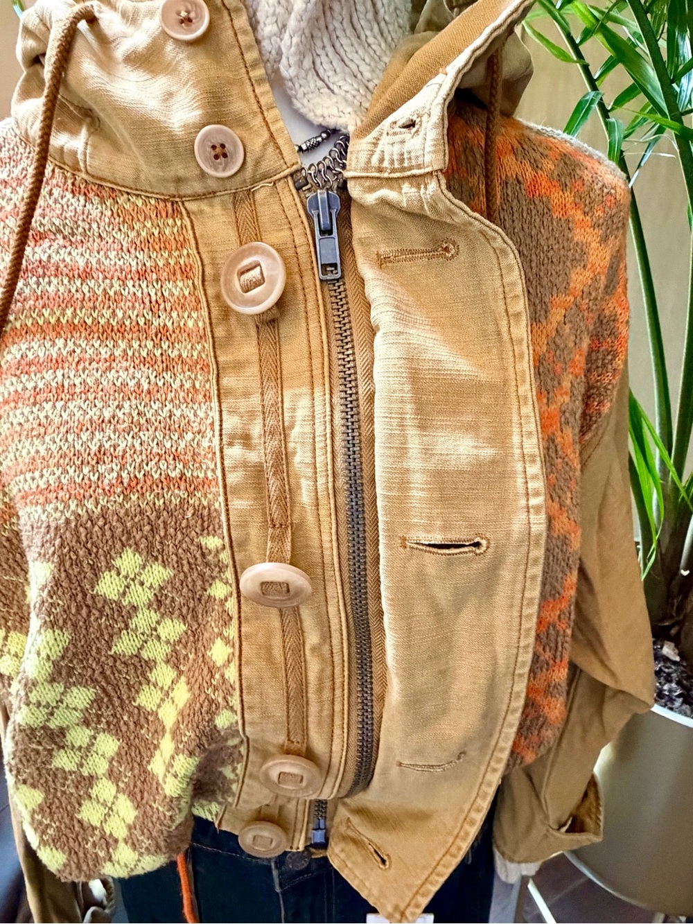 FREE PEOPLE Reno Knit Patchwork Cropped BOHO Jacket Coat Utility Aztec Brown Sm - Picture 10 of 16